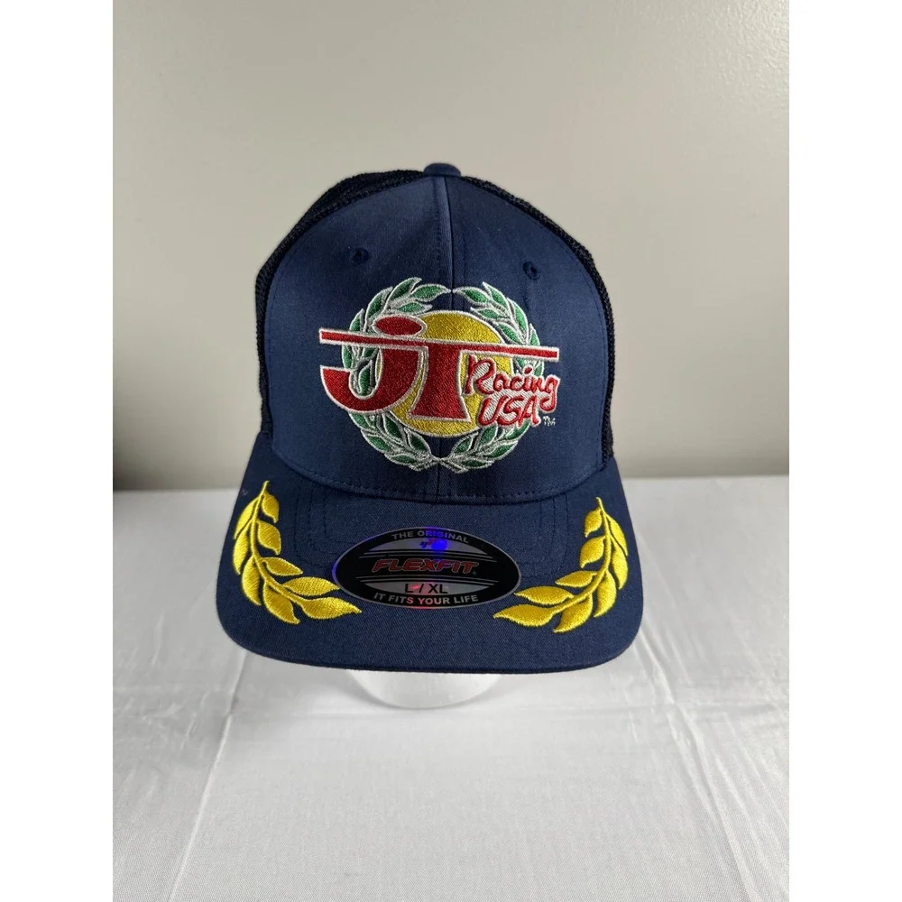 Brand New JT Racing USA Flexfit Trucker Hat Navy Blue Mesh Back Embroidered Cap